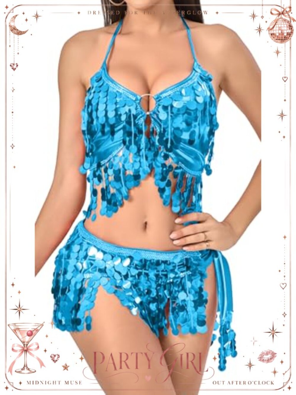 SEAUR 2Pc Belly Dance Sequin Fringe Bra Belt Set Festival Costume